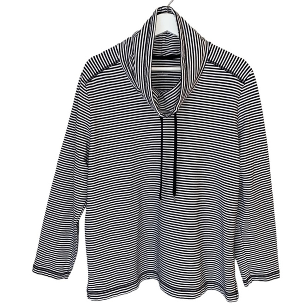 KAREN SCOTT Top Long Sleeve Striped Funnel Neck Black White Women Size L
